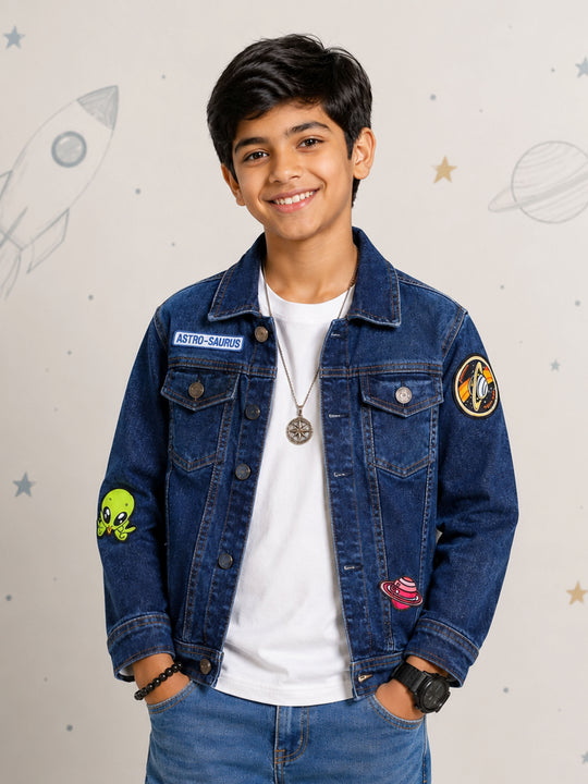 Kiddopanti Boys Denim Woven Full Sleeves Ghraphic and Badges Details Jacket