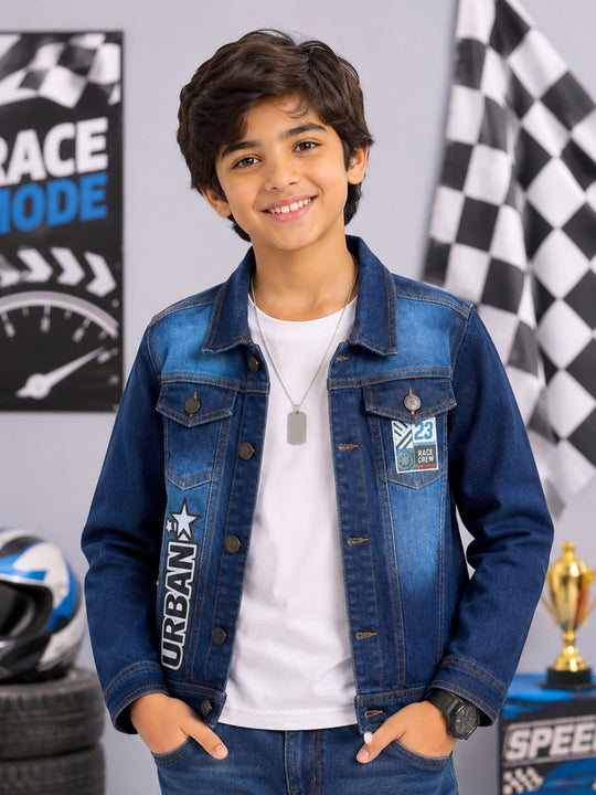 Kiddopanti Boys Denim Woven Full Sleeves Ghraphic and Badges Details Jacket