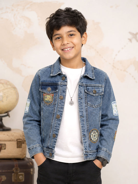 Kiddopanti Boys Denim Woven Full Sleeves Ghraphic and Badges Details Jacket