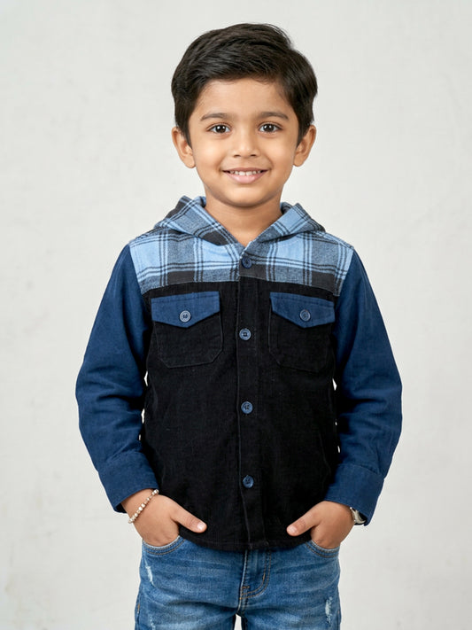 Kiddopanti Boys Cotton Woven Colour Block Corduroy Hooded Jacket with Check Yoke & Contrast Flap Pockets