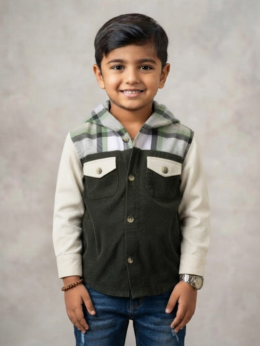 Kiddopanti Boys Cotton Woven Colour Block Corduroy Hooded Jacket with Check Yoke & Contrast Flap Pockets