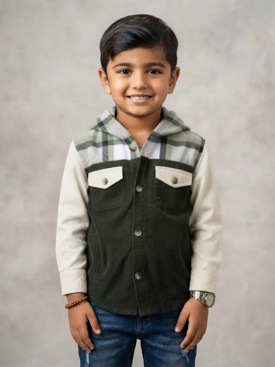 Kiddopanti Boys Cotton Woven Colour Block Corduroy Hooded Jacket with Check Yoke & Contrast Flap Pockets