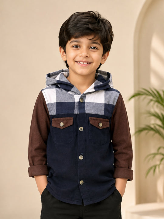 Kiddopanti Boys Cotton Woven Colour Block Corduroy Hooded Jacket with Check Yoke & Contrast Flap Pockets