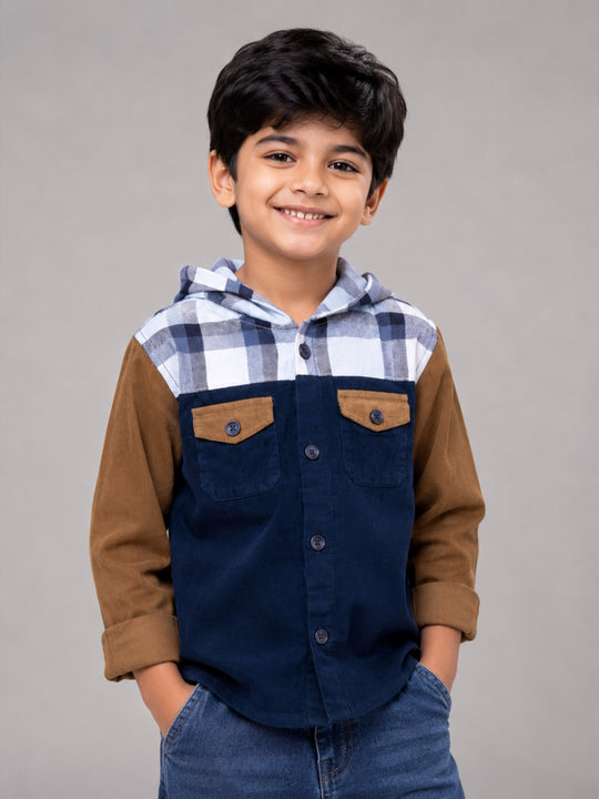 Kiddopanti Boys Cotton Woven Colour Block Corduroy Hooded Jacket with Check Yoke & Contrast Flap Pockets