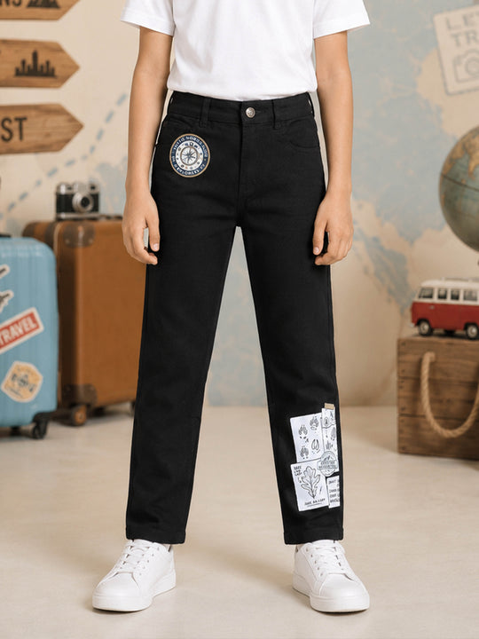 Kiddopanti Boys Denim Woven Graphic Printed Button Elasticated Waist Jeans