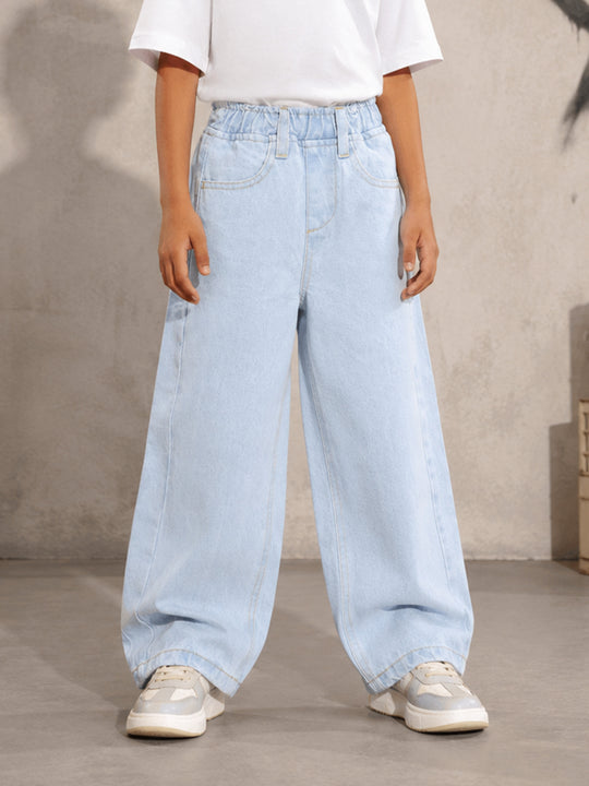 Kiddopanti Boys Denim Woven Solid Baggy Fit Jeans with Elasticated Waist