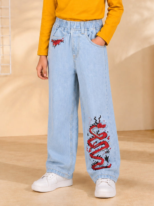 Kiddopanti Boys Denim Woven Graphic Printed Baggy Fit Denim Jeans