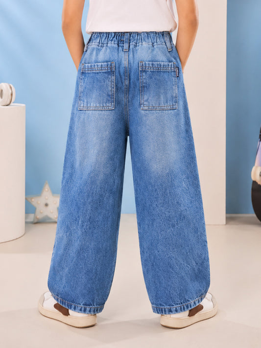 Kiddopanti Boys Denim Woven Baggy Fit Jeans with Puppy Applique & Patch Detail