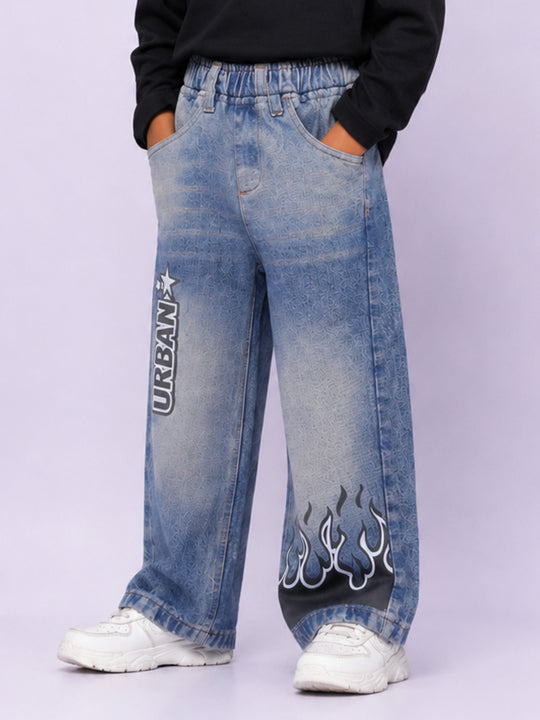 Kiddopanti Boys Denim Woven Graphic Printed Baggy Fit Denim Jeans