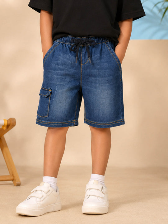 Kiddopanti Boys Denim Woven Solid Cargo Shorts