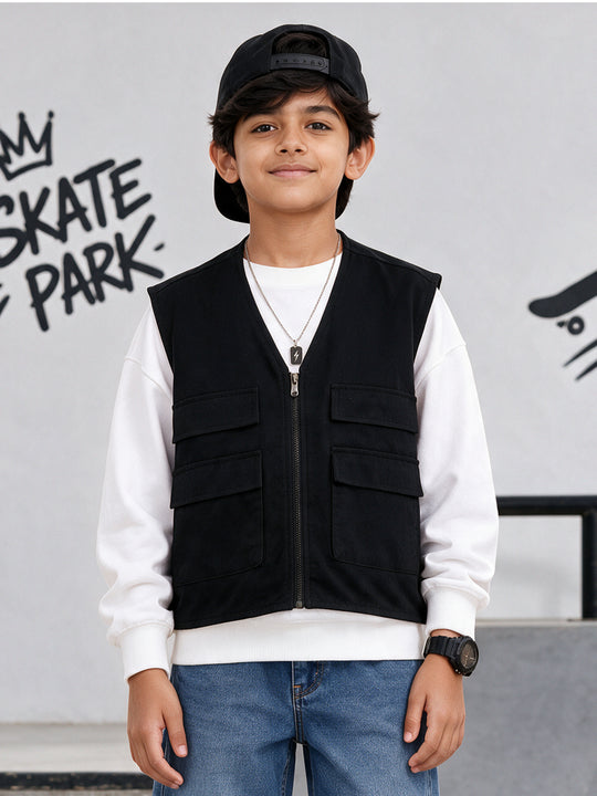 Kiddopanti Boys Cotton Blend Fleece Solid Sleeveless Zip Front Utility Cargo Jacket with Flap