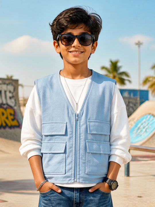 Kiddopanti Boys Cotton Blend Fleece Solid Sleeveless Zip Front Utility Cargo Jacket with Flap