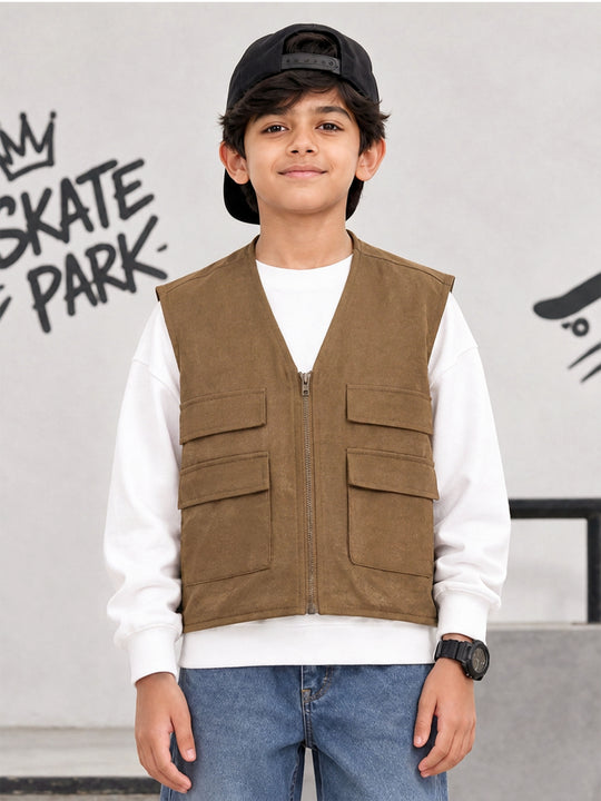 Kiddopanti Boys Cotton Blend Fleece Solid Sleeveless Zip Front Utility Cargo Jacket with Flap