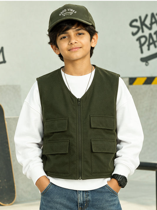 Kiddopanti Boys Cotton Blend Fleece Solid Sleeveless Zip Front Utility Cargo Jacket with Flap