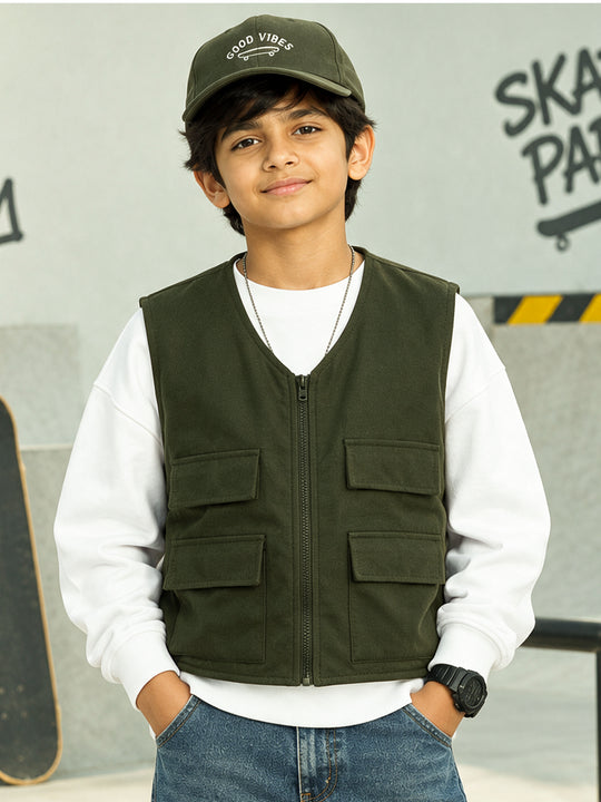Kiddopanti Boys Cotton Blend Fleece Solid Sleeveless Zip Front Utility Cargo Jacket with Flap
