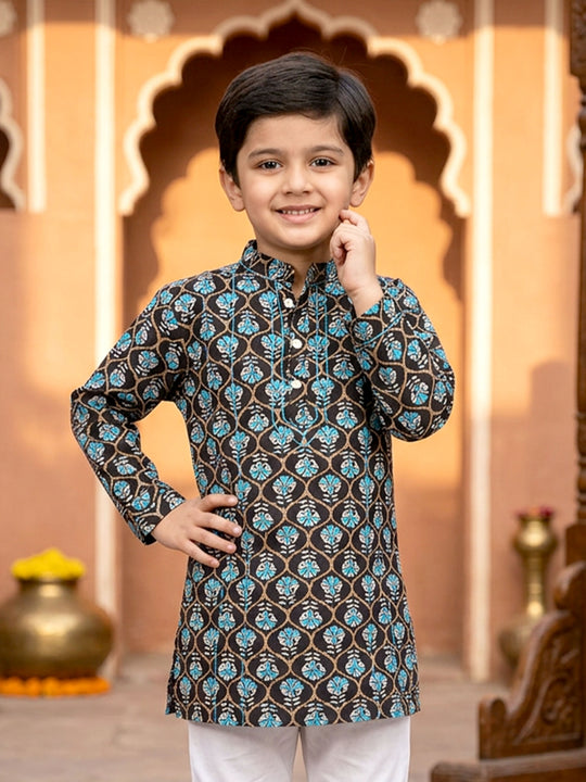 Kiddopanti Cotton Woven Full Sleeves Mandarin Collar Ethnic Motif Printed Kurta