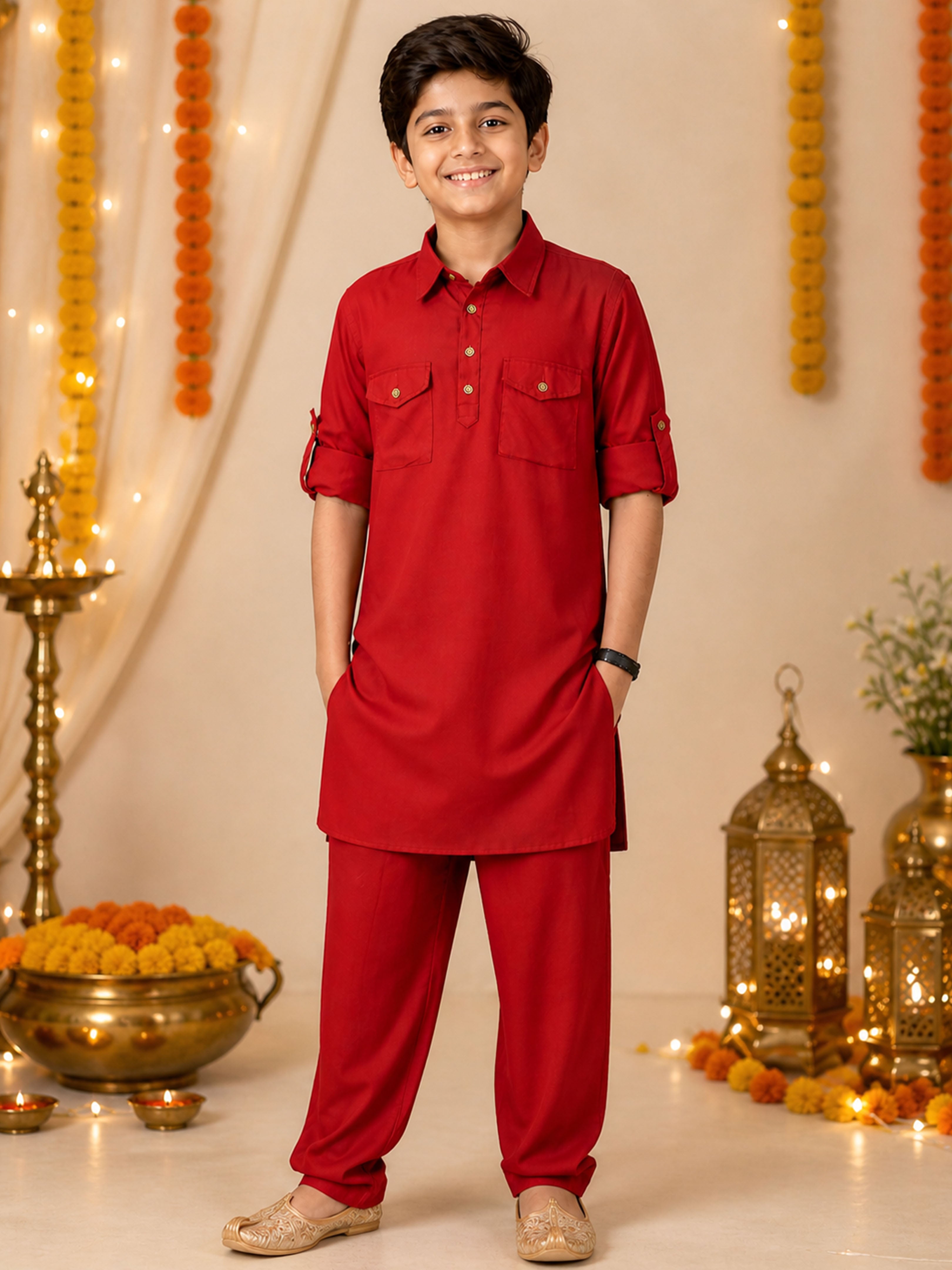Kiddopanti Boys Rayon Full Sleeves Solid Pathani Kurta And Pant Co Ord Sets