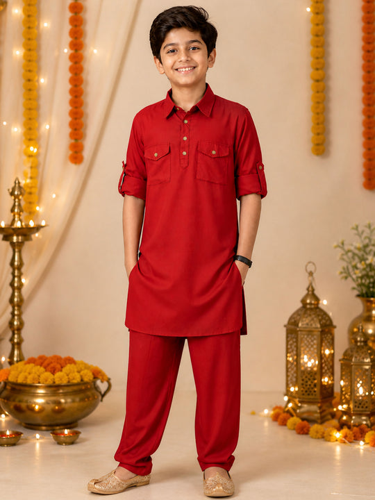Kiddopanti Boys Rayon Full Sleeves Solid Pathani Kurta And Pant Co Ord Sets