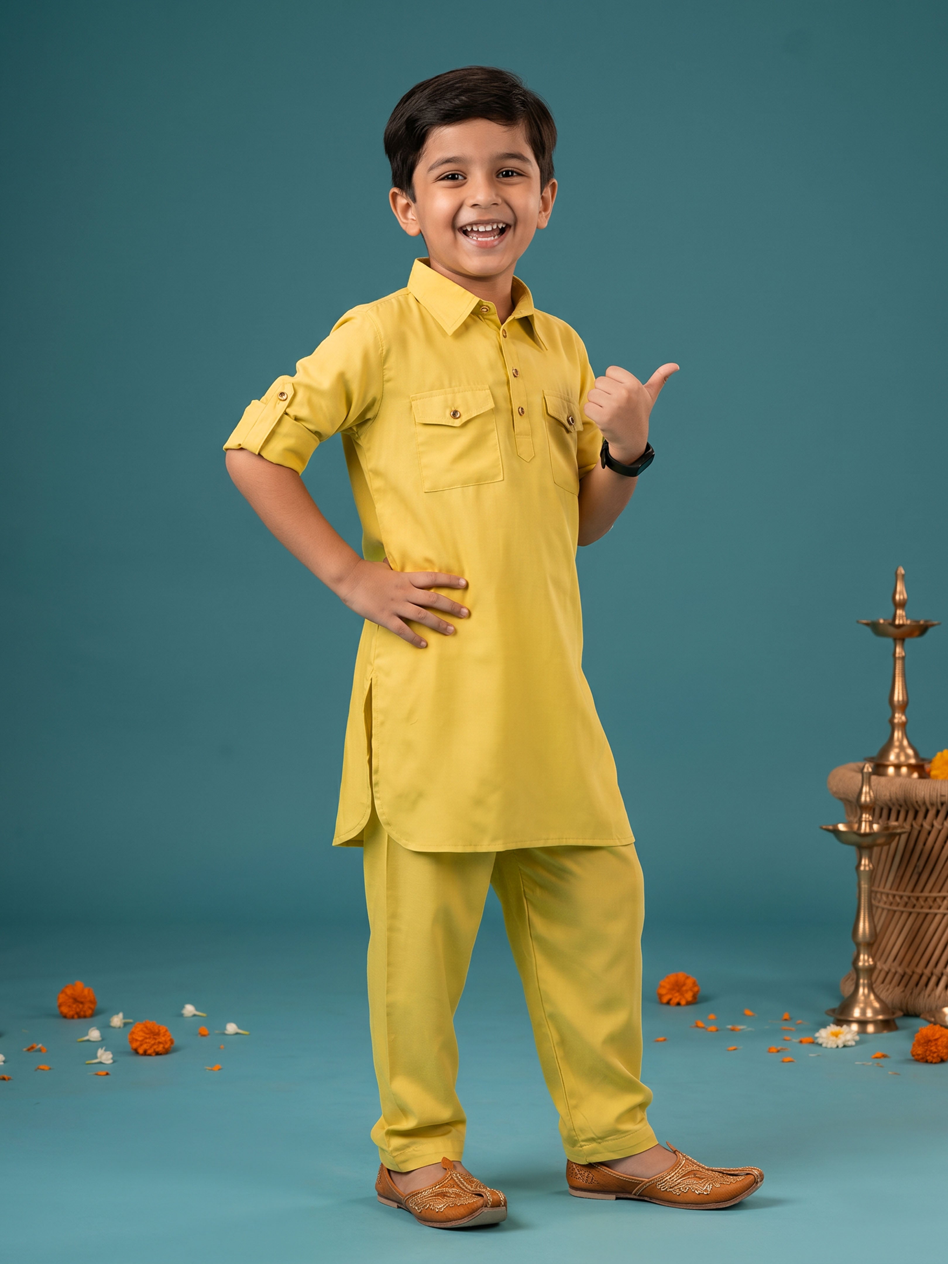Kiddopanti Boys Rayon Full Sleeves Solid Pathani Kurta And Pant Co Ord Sets