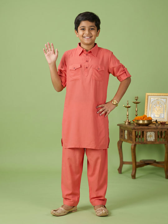 Kiddopanti Boys Rayon Full Sleeves Solid Pathani Kurta And Pant Co Ord Sets