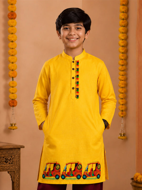 Kiddopanti Boys Rayon Woven Traditional Ethnic Printed With Embellished Placket Long Kurta