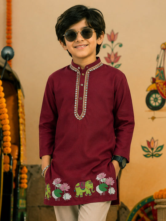 Kiddopanti Boys Rayon Woven Traditional Ethnic Printed With Embellished Placket Long Kurta