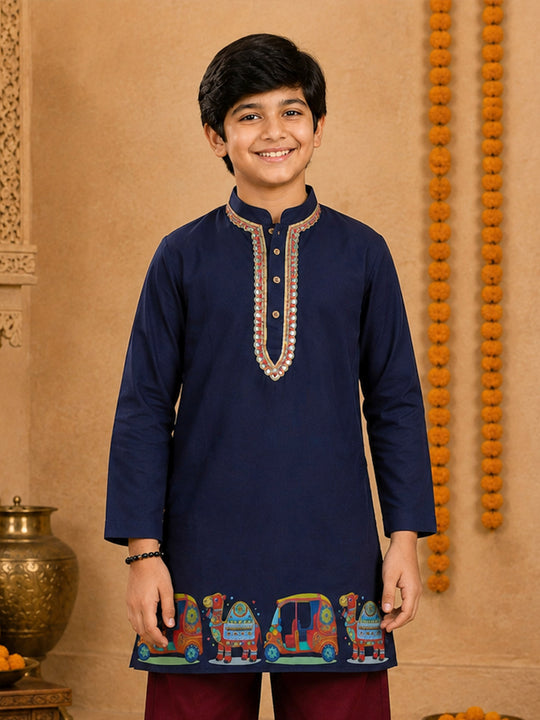 Kiddopanti Boys Rayon Woven Traditional Ethnic Printed With Embellished Placket Long Kurta