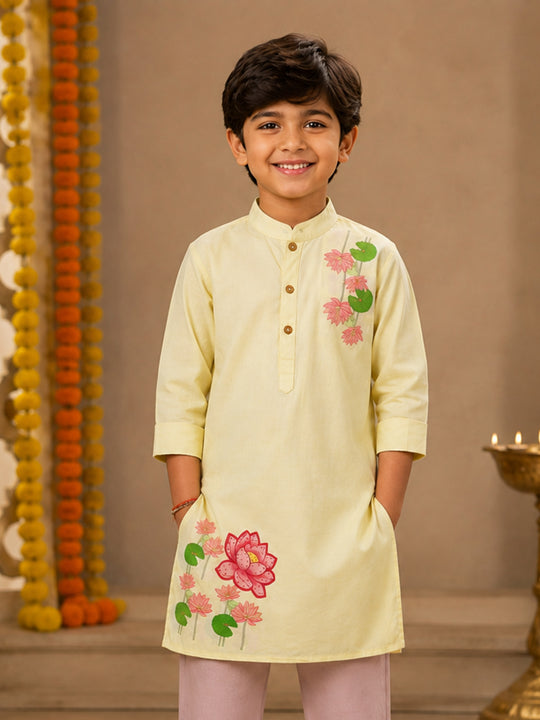 Kiddopanti Boys Rayon Woven Traditional Ethnic Printed With Embellished Placket Long Kurta