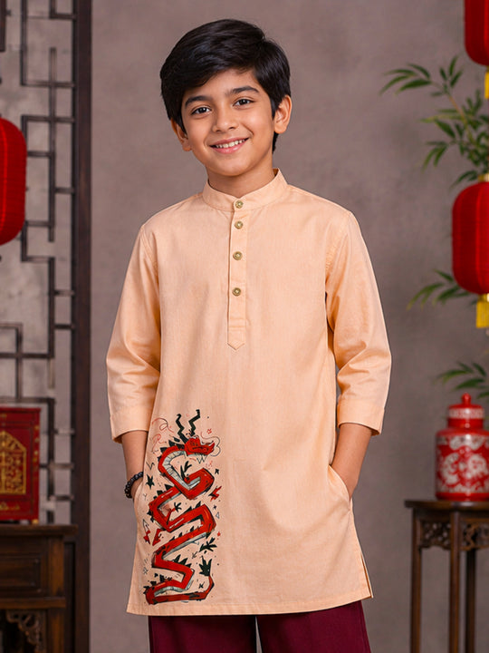 Kiddopanti Boys Rayon Woven Traditional Ethnic Printed With Embellished Placket Long Kurta