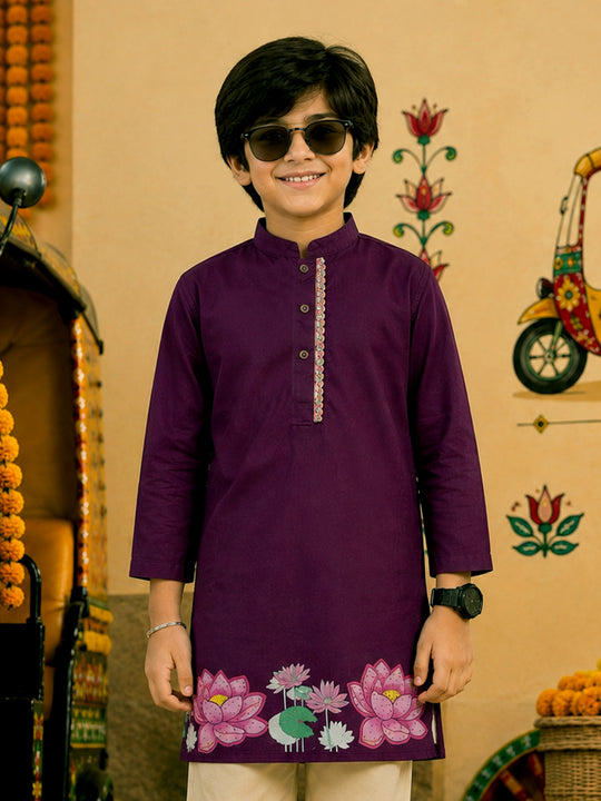 Kiddopanti Boys Rayon Woven Traditional Ethnic Printed With Embellished Placket Long Kurta