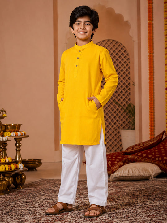 Kiddopanti Boys Rayon Woven Full Sleeves Traditional Ethnic Solid Long Kurta with Pyjama Set