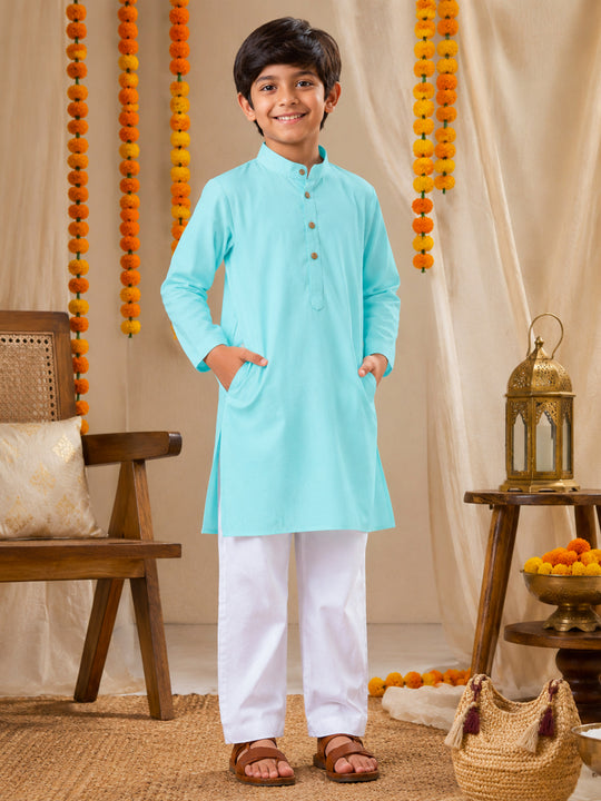 Kiddopanti Boys Rayon Woven Full Sleeves Traditional Ethnic Solid Long Kurta with Pyjama Set