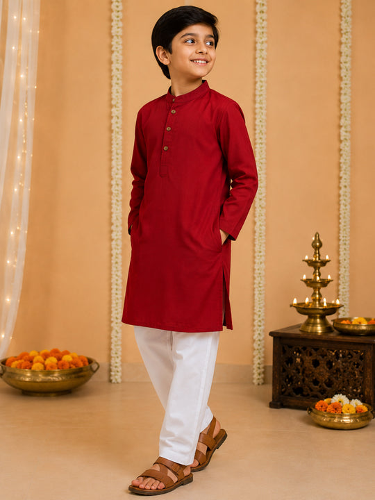 Kiddopanti Boys Rayon Woven Full Sleeves Traditional Ethnic Solid Long Kurta with Pyjama Set