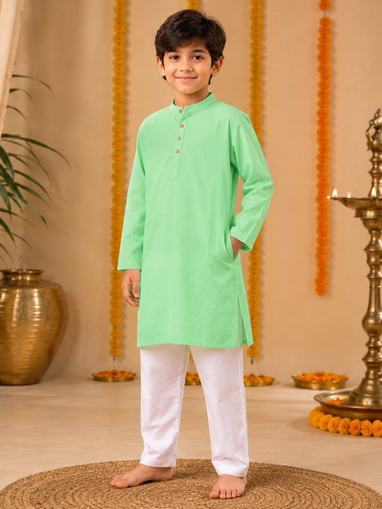 Kiddopanti Boys Rayon Woven Full Sleeves Traditional Ethnic Solid Long Kurta with Pyjama Set