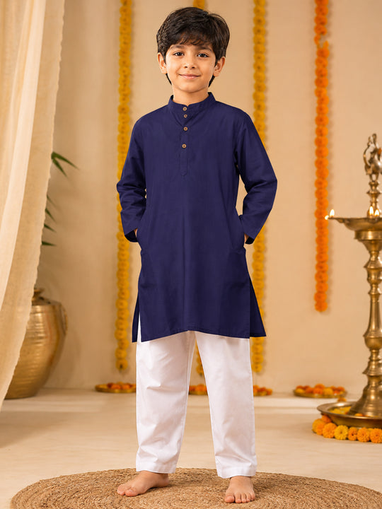 Kiddopanti Boys Rayon Woven Full Sleeves Traditional Ethnic Solid Long Kurta with Pyjama Set
