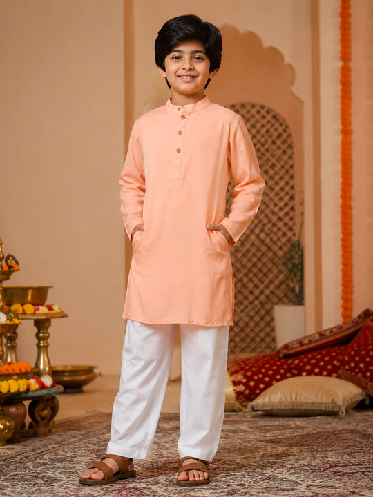 Kiddopanti Boys Rayon Woven Full Sleeves Traditional Ethnic Solid Long Kurta with Pyjama Set