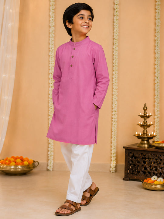 Kiddopanti Boys Rayon Woven Full Sleeves Traditional Ethnic Solid Long Kurta with Pyjama Set