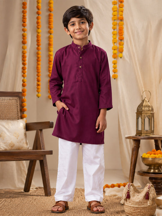 Kiddopanti Boys Rayon Woven Full Sleeves Traditional Ethnic Solid Long Kurta with Pyjama Set