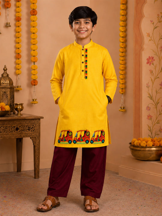 Kiddopanti Boys Rayon Woven Full Sleeves Graphic Printed Traditional Ethnic Kurta & Bottom Set