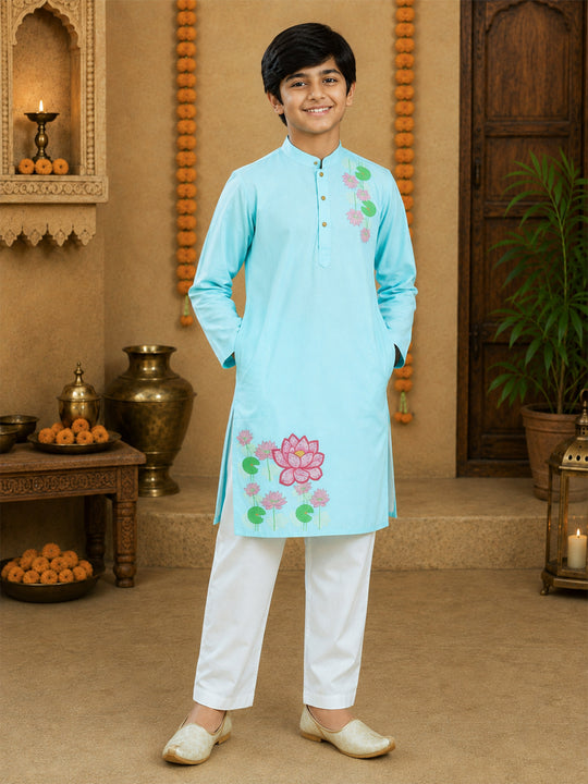Kiddopanti Boys Rayon Woven Full Sleeves Graphic Printed Traditional Ethnic Kurta & Bottom Set