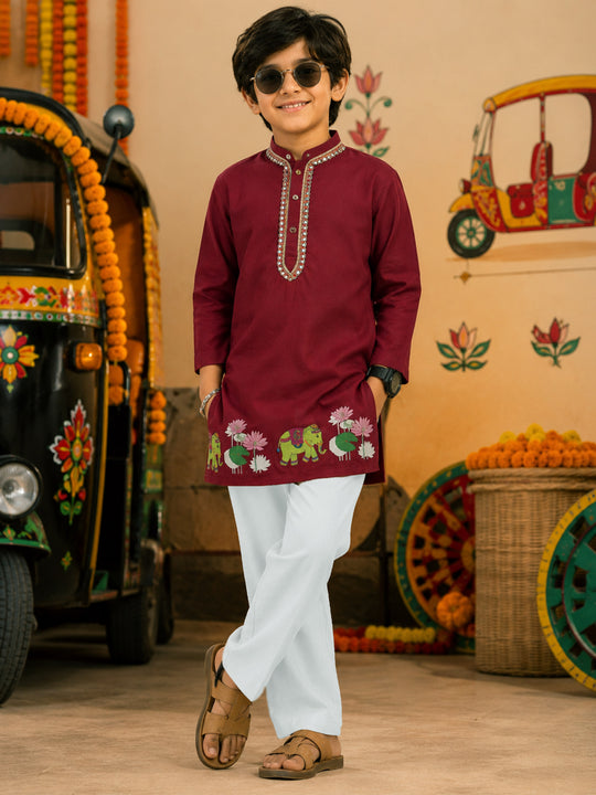 Kiddopanti Boys Rayon Woven Full Sleeves Graphic Printed Traditional Ethnic Kurta & Bottom Set