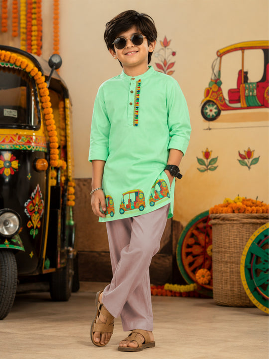 Kiddopanti Boys Rayon Woven Full Sleeves Graphic Printed Traditional Ethnic Kurta & Bottom Set