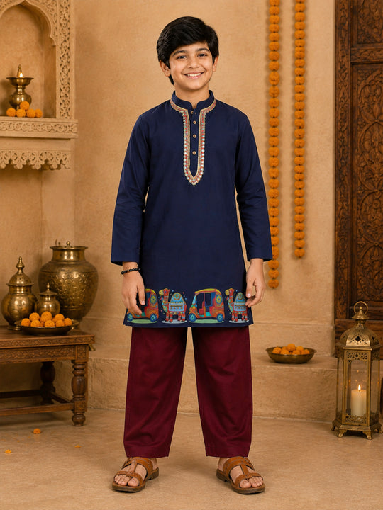 Kiddopanti Boys Rayon Woven Full Sleeves Graphic Printed Traditional Ethnic Kurta & Bottom Set