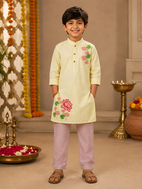 Kiddopanti Boys Rayon Woven Full Sleeves Graphic Printed Traditional Ethnic Kurta & Bottom Set