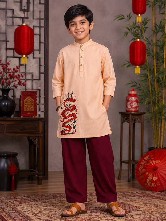 Kiddopanti Boys Rayon Woven Full Sleeves Graphic Printed Traditional Ethnic Kurta & Bottom Set
