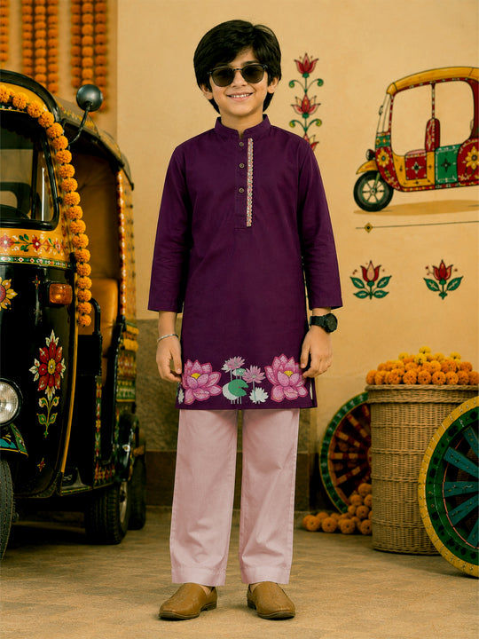 Kiddopanti Boys Rayon Woven Full Sleeves Graphic Printed Traditional Ethnic Kurta & Bottom Set