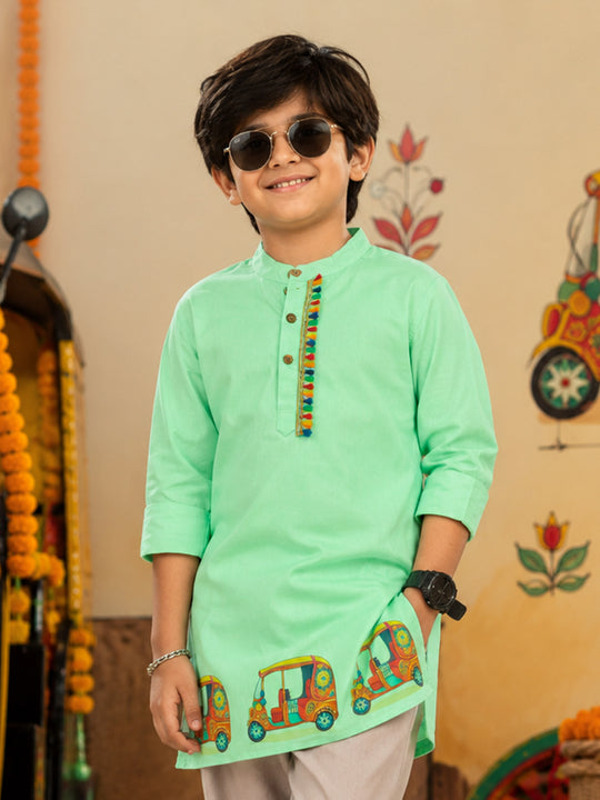 Kiddopanti Boys Rayon Woven Traditional Ethnic Printed With Embellished Placket Long Kurta