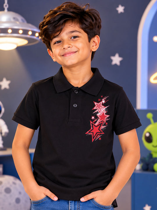 Kiddopanti Boys Cotton Knit Half Sleeves Badges Graphic Printed Pique Polo T-Shirt