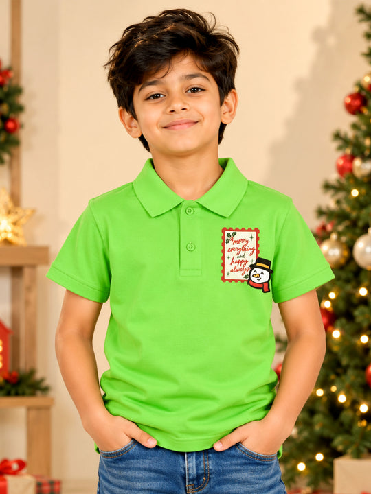 Kiddopanti Boys Cotton Knit Half Sleeves Badges Graphic Printed Pique Polo T-Shirt