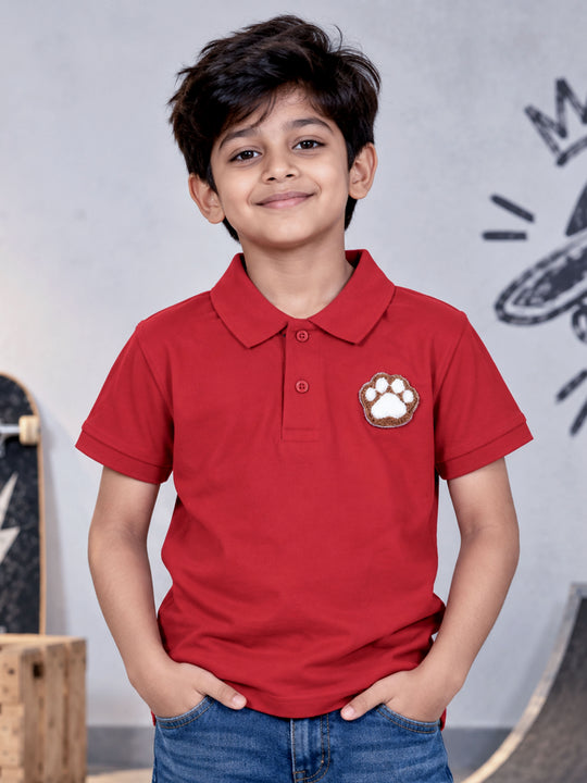 Kiddopanti Boys Cotton Knit Half Sleeves Badges Graphic Printed Pique Polo T-Shirt